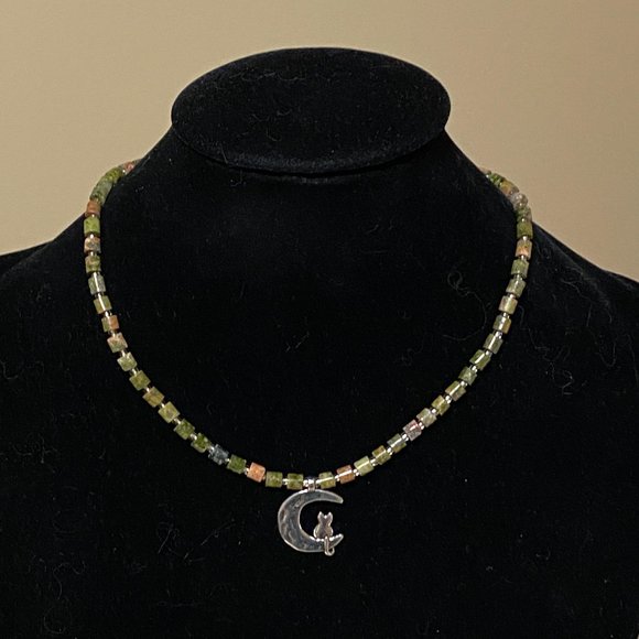 Unakite Stone Silver Cat on the Moon Necklace, Genuine Gemstone Beaded Necklace - Picture 2 of 10